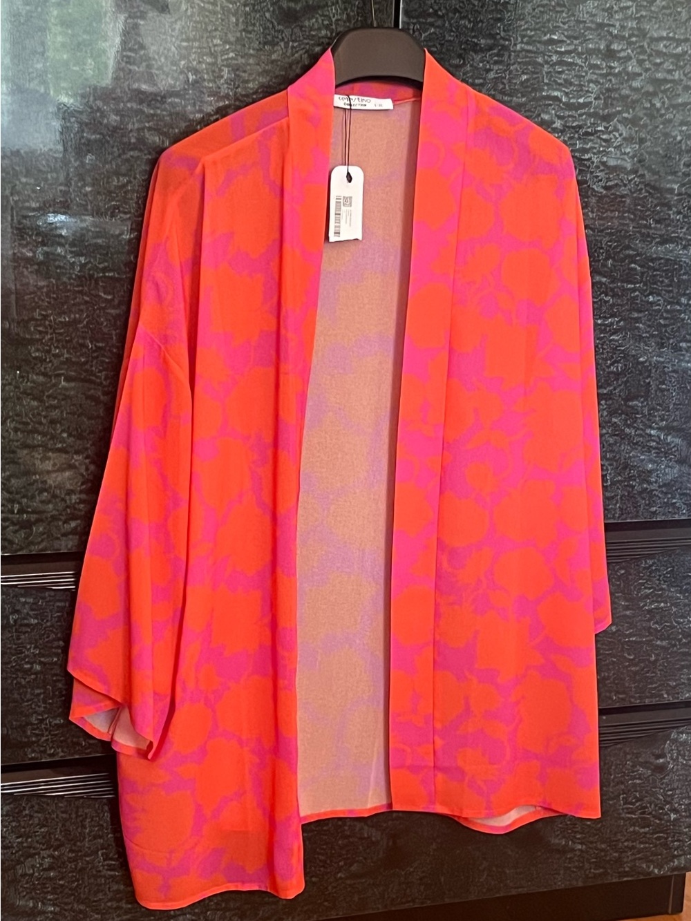 Bright Orange-Pink Floral Beach Cover-Up Kimono Cardigan - Picture 4 of 6